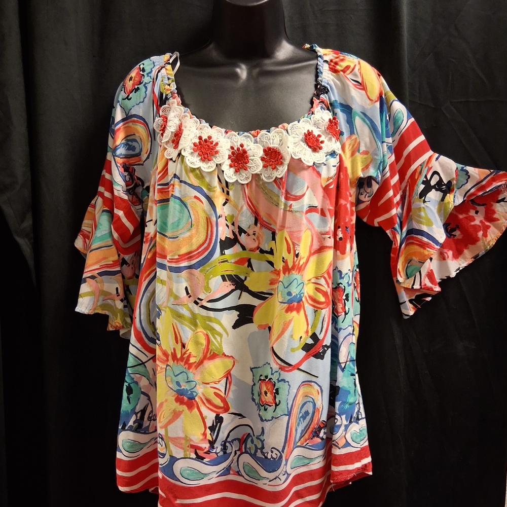 Melissa Paige Colorful Floral Blouse with Red Accents